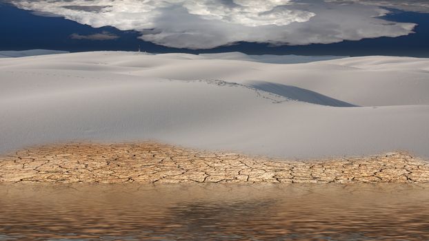 Surreal white desert shore. Calm water