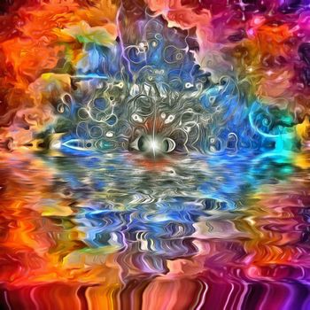 Surreal painting. All seeing eye above water surface. Vivid colorful background.