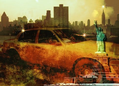 New York Yellow Cab. Liberty Statue. Manhattan skyline
