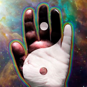 Human palm with Yin Yang sign. Vivid universe background