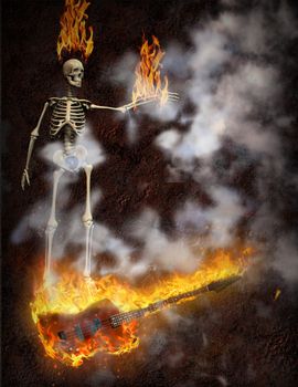 Burning bass guitar and skeleton holds flames