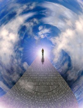 Man walks on a stone road to bright light. 3D rendering