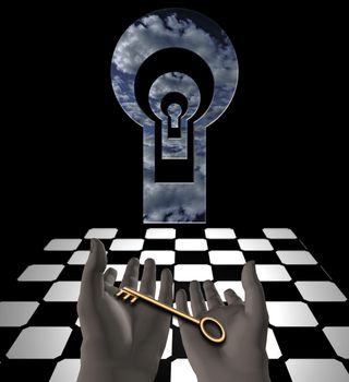 Key in human hands. Mystic keyholes and checkered floor