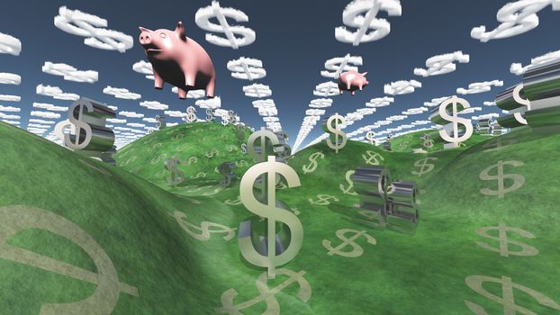 Money success fantasy landscape with floating pigs