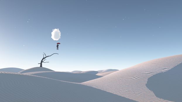 Man Floats in mid air in surreal desert landscape