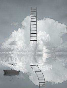 Ladder reflected in water with floating umbrella