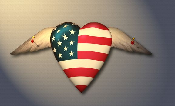 USA FLag winged heart pinned to surface