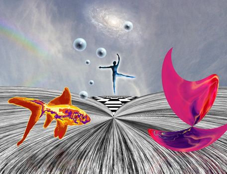 Surreal composition. Pink matter on chessboard, dancer and golden fish