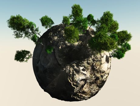 Small Planet with trees. 3D rendering