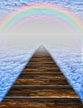Plank path into clouds with rainbow