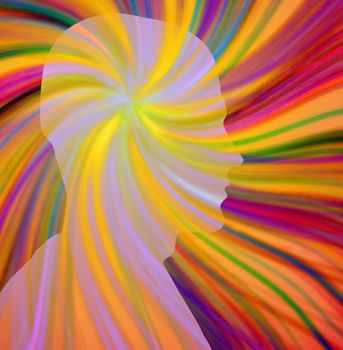 Human head profile silhouette radiates colorful beams