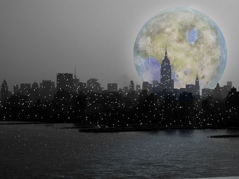Abstract painting. Terraformed moon over night city