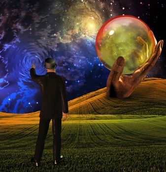Man in suit touches sky creating ripples before empty sphere in sculpted hand