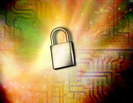 Computer Security. Iron padlock on digital circuit board