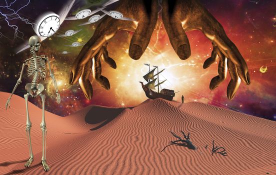 God's hands over surreal red desert. Skeleton and winged clocks. Ancient ship on sand dune and figure of man in a distance.