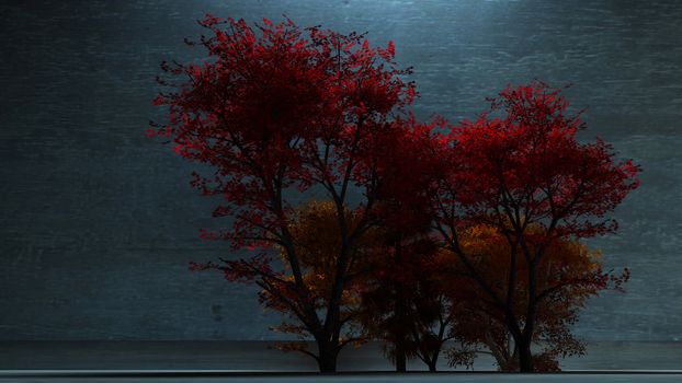 3d rendering. Cute trees with red and yellow leaves