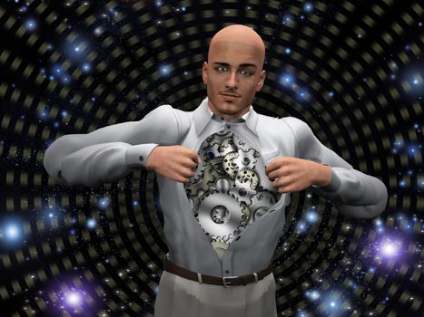 Man opens shirt to reveal gears