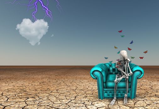 Desert scene with skeletal figure thinking