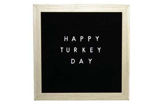 A Black Sign With a Birch Frame That Says Happy Turkey Day in White Letters on a Pure White Background