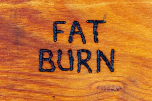the words fat burn handritten on wooden surface with woodburner.