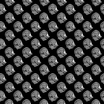 seamless regular pattern of sagittal MRI scans of sixty years old caucasian female head on black background