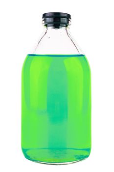 old style glass medical or chemical bottle with green transparent liquid isolated on white background, closed with black rubber cap