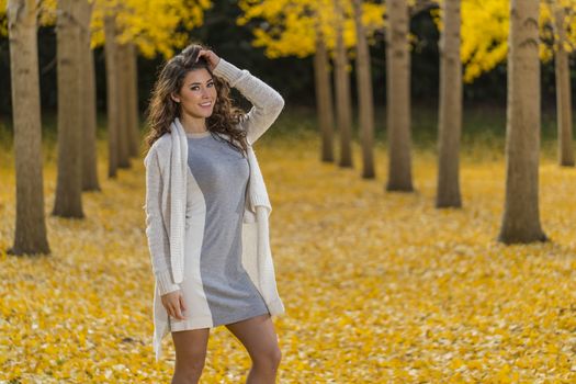 A beautiful brunette model with yellow fall foliage