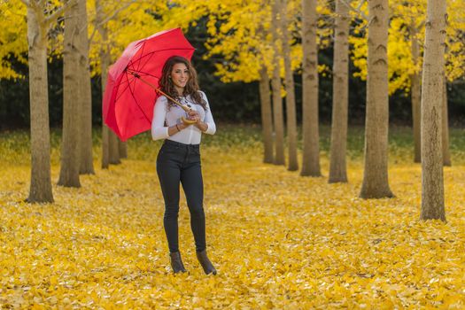 A beautiful brunette model with yellow fall foliage