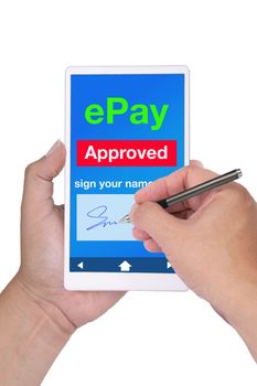 Someone sign name to approved payment by using electronic pay application on smart phone.