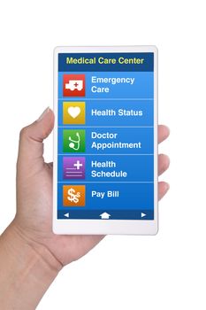 Hand holding smartphone showing health care contact menu on screen on white background.
