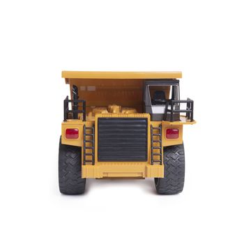 Front view of yellow truck toy model on white background.