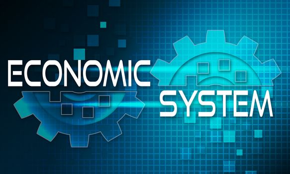 Economic system concept text on the mechanism of gears. Technology background, 3d rendering.