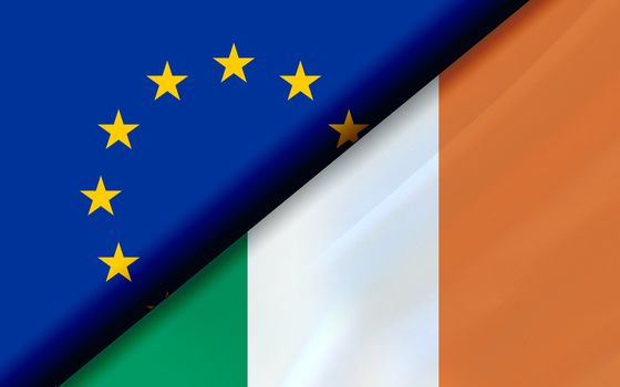 Flags of the EU and Ireland divided diagonally. 3D rendering