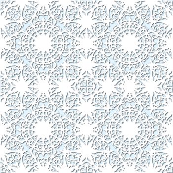 White snowflakes on pale blue background, damask ornament seamless pattern. Paper cut style with drop shadows and highlights.