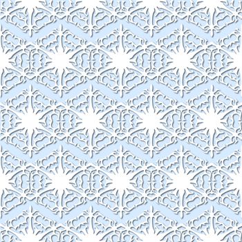 White snowflakes on pale blue background, damask ornament seamless pattern. Paper cut style with drop shadows and highlights.