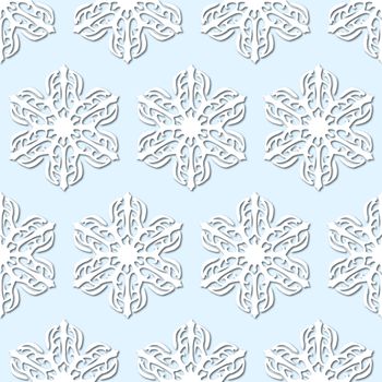 White snowflakes on pale blue background, damask ornament seamless pattern. Paper cut style with drop shadows and highlights.