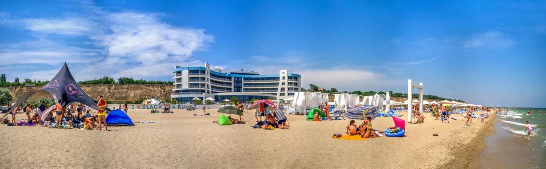 Odessa, Ukraine 05.07.2020. Black Sea Bugaz hotel and beach in Gribovka resort village near Odessa, Ukraine, on a sunny summer day