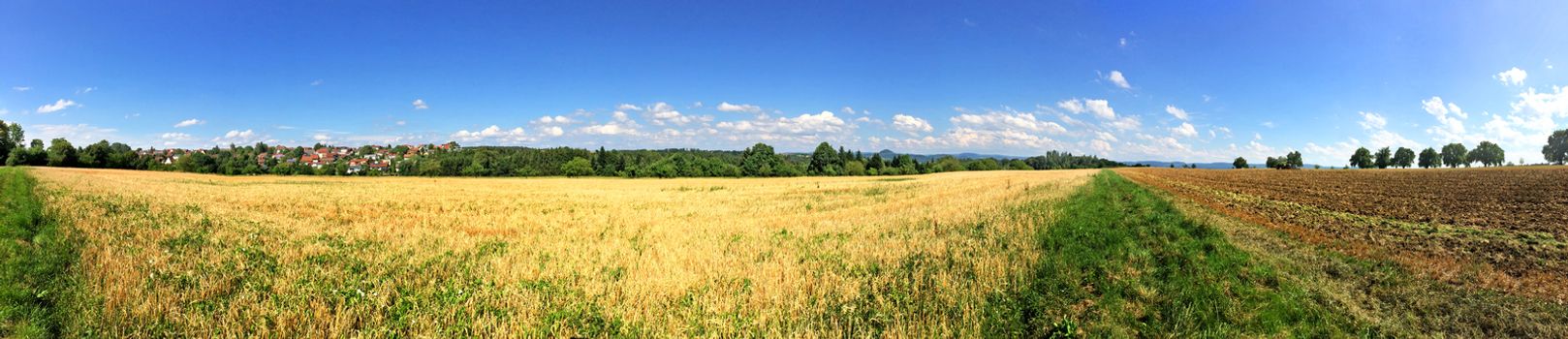 panoramic view over stubble field and acre in summer