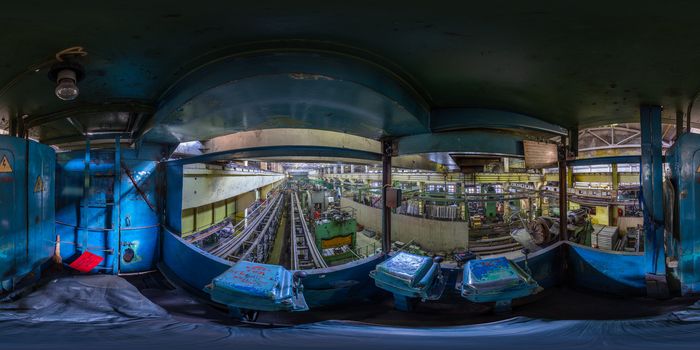 full spherical 360x180 equirectangular projection of the view from the cab of the crane beam in the cold stamping workshop TULA, RUSSIA - FEBRUARY 11, 2013: Inside of food factory laboratory full spherical panorama in equirectangular projection 360 by 180 degrees