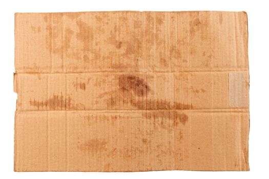 blank flat dirty sheet of brown cardboard - mockup for homeless placard, isolated on white background