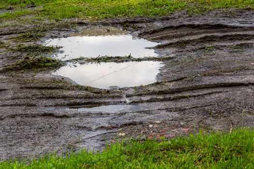 puddle in dirt road at summer daylight - close-up with selective focus.