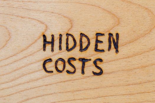 the words hidden costs handwritten with woodburner on flat wood surface - directly above flat lay view