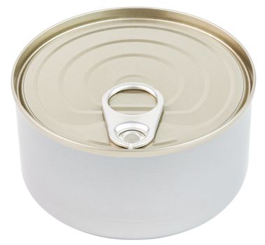 closed tin can with pull tab ring lid opener isolated on white background with edge-to-edge sharpness, slanted frontal view