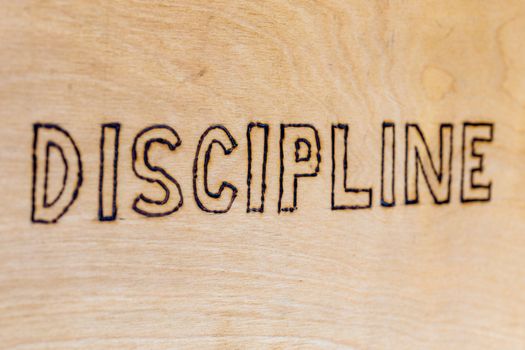 the word discipline burnt by hand with woodburner on white flat wooden surface - directly above normal view