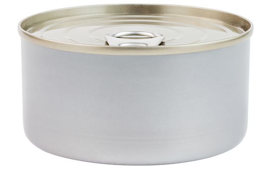 closed tin can with pull tab ring lid opener isolated on white background with edge-to-edge sharpness, slanted frontal view