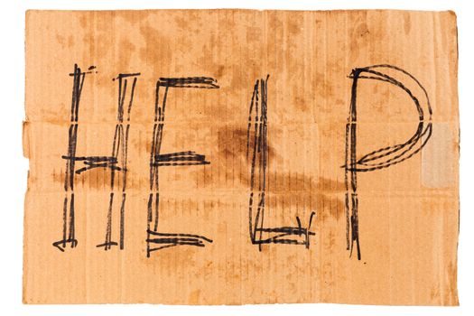 dirty old rectangular flat sheet of cardboard plackard with word help, isolated on white background