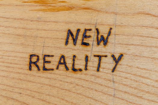 the words new reality handwritten with woodburner tool on flat wood surface in directly above perspective