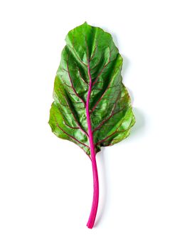 One swiss chard leaf isolated on white background. Fresh swiss rainbow chard with yellow and green colors, top view or flat lay