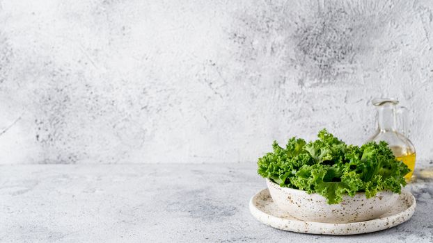 Green kale leaves in white craft bowl on gray cement background. Healthy eating, vegetarian food, dieting concept. Copy space left. Health kale benefits. Banner