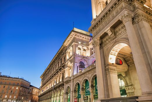 MILAN, ITALY - SEPTEMBER 2015: Exterior view of Gallery Vittorio Emanuele II at night